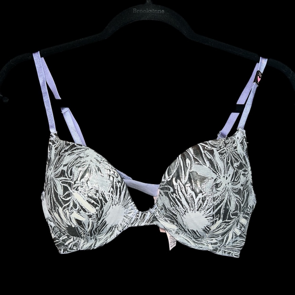 Victoria’s Secret Dream Angels Push-Up Silver Floral and Lavender Bra 32C NWT